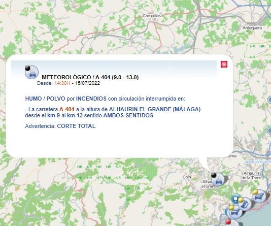 Cortada la Carretera A-404 en Alhaurín el Grande por el incendio