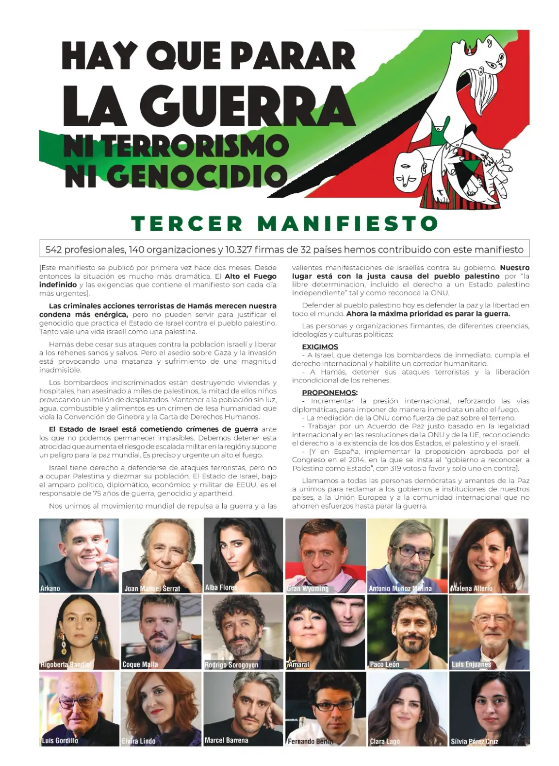 Serrat, Alba Flores, Amaral o Arkano se unen al manifiesto que pide el Alto el Fuego en Gaza 