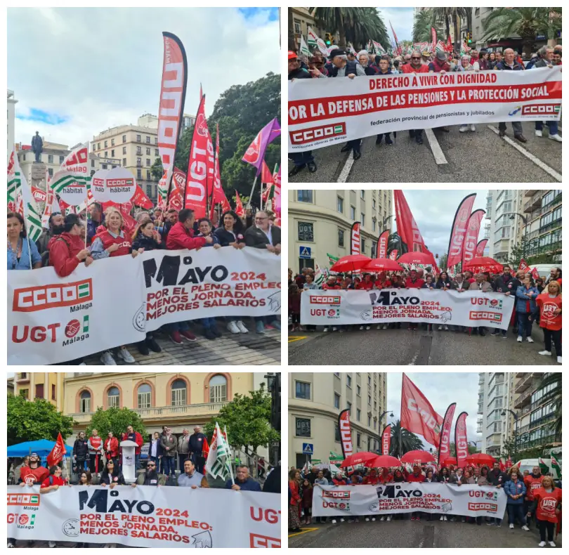 CCOO y UGT unen a más de 8.000 personas en Málaga para exigir pleno empleo, menos jornada y mejores salarios