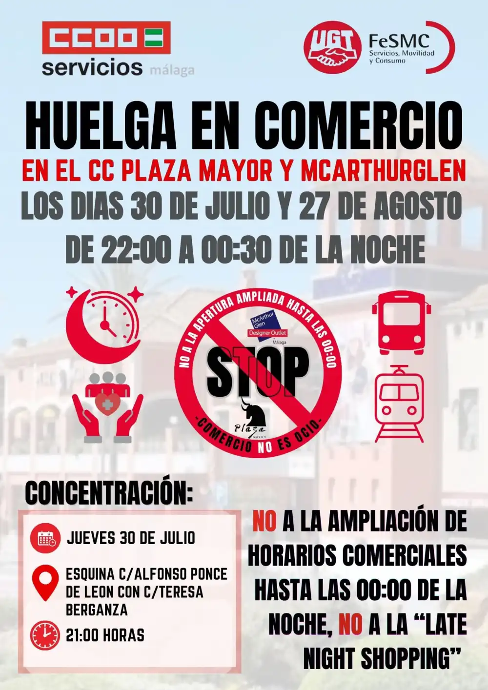 CCOO y UGT convocan huelga en Plaza Mayor y McArthurGlen Málaga contra el 'Late Night Shopping'