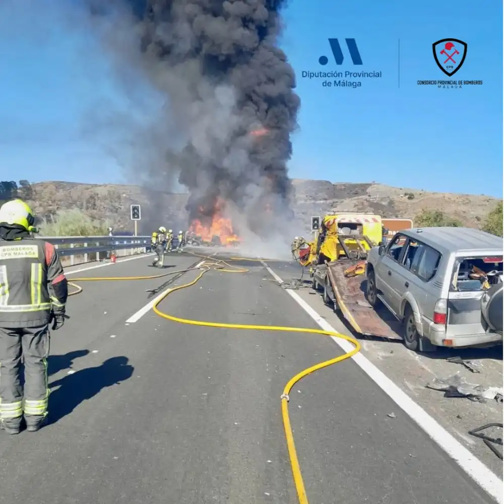 Grave accidente con incendio de vehículo y fuego forestal junto a la AP-7 en Benahavís