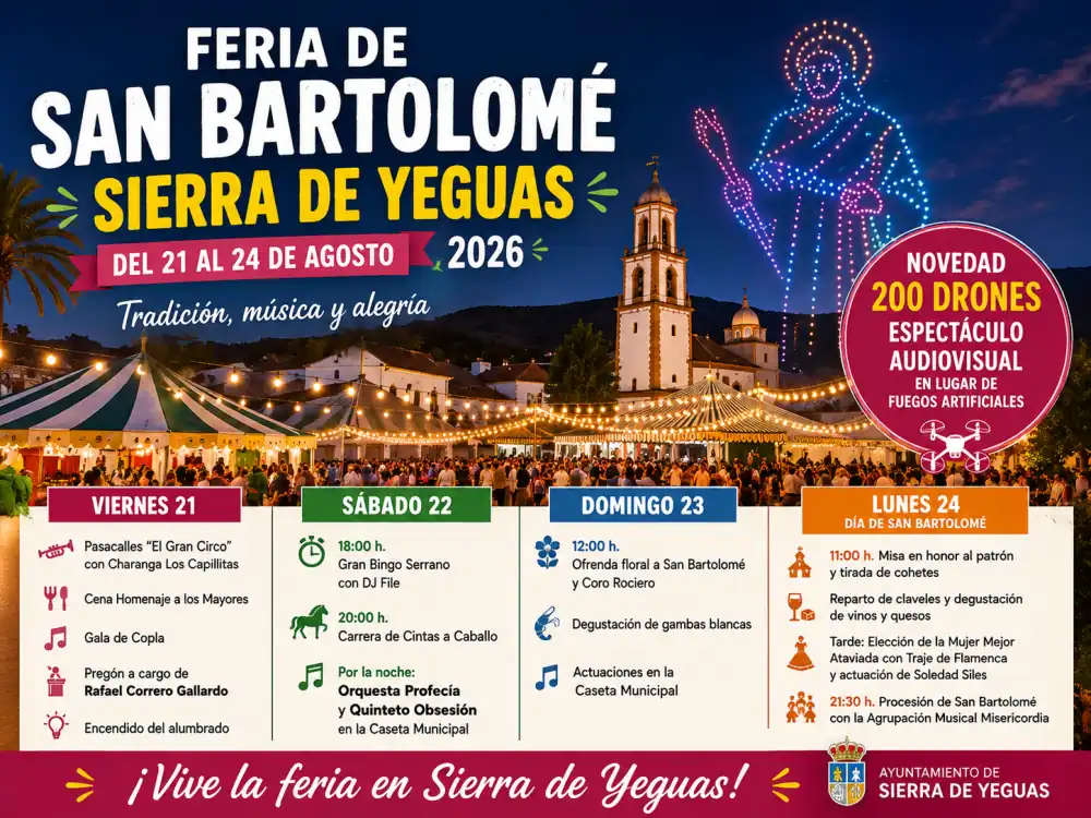 Sierra de Yeguas vive su Feria de San Bartolomé con cuatro días de fiesta y un espectacular cierre con 200 drones