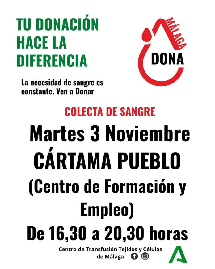 Donación sangre Cártama Pueblo 031126_10_24_2026 El 3 de noviembre se podrá donar sangre en el Centro de Formación y Empleo Francisco Romero